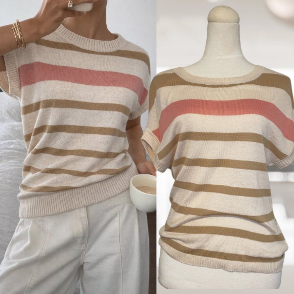 Neutral-striped short-sleeve lightweight knit